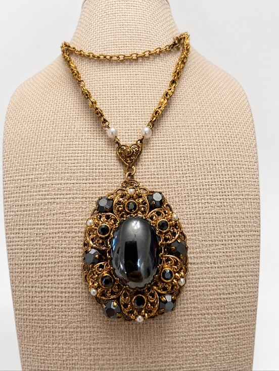 Western Germany Jewelry - Vintage West Germany Gold-Tone Filigree Necklace with Black Cabochon Pendant